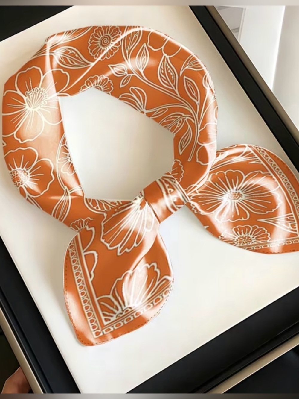🍁🍂Orange Floral Silk-Feel Scarf with Delicate White Outline Print 27.5”